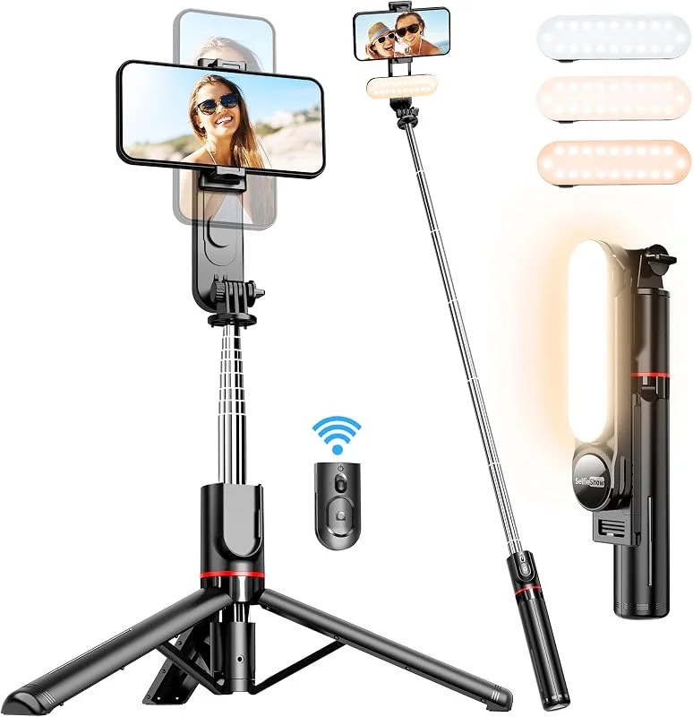 Stabilt Selfie Stick Tripod med avtagbart ljus, extra långt 111 cm förlängningsbart mobiltelefonsstativ med trådlös fjärrkontroll 360° roterbart för iPhone, Samsung, Huawei, Sony och andra smarttelefoner — Mobil och surfplatta