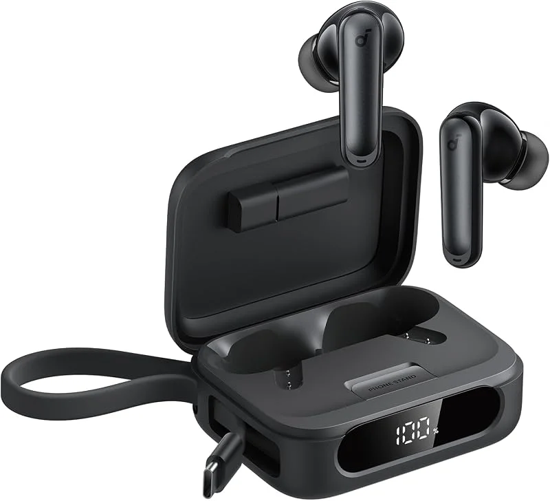 soundcore P41i av Anker, adaptiva brusreducerande hörlurar med bärbar telefonladdare (inbyggd USB-C-kabel), 192h speltid, omslutande ljud, 6 AI-mikrofoner, IPX5 (Black Integrated Lightning connector) — Hörlurar och ljud