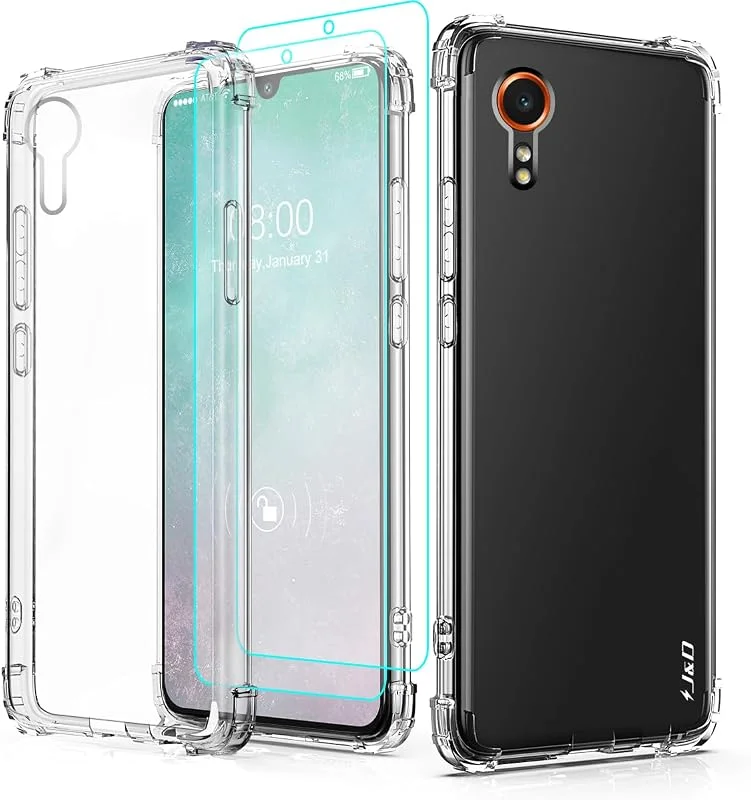 J&D Fodral Kompatibelt för Samsung Galaxy Xcover 7 Fodral, Kristallklart Stötdämpande Hörnfodral med (2-pack) Skärmskydd, Anti-Gul TPU Stötfångarfodral för Galaxy Xcover 7, Transparent — Mobil och surfplatta
