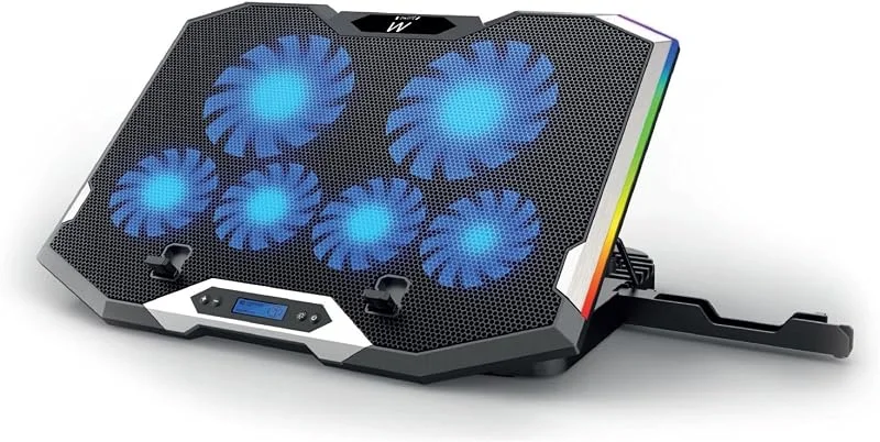 Ewent Kylplatta för bärbar dator, upp till 17", med 6 Tysta fläktar, stabilt RGB-stativ med 7 RGB-lägen, USB-fläkt, Sex ventilationshastigheter, med smartphone-hållare, +2 USB-portar+2 USB-kablar — Datortillbehör