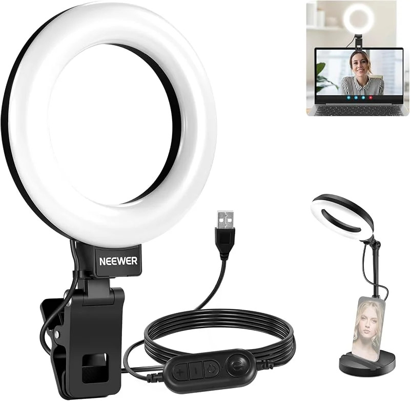 NEEWER Basics 5" LED-bordsringlampa med stativ och skärmklämma, 10W, kompatibel med iPhone, dator, laptop och webbkamera för selfie, makeup, inspelning, Zoom och videokonferenser, svart BR60 — Mobil och surfplatta