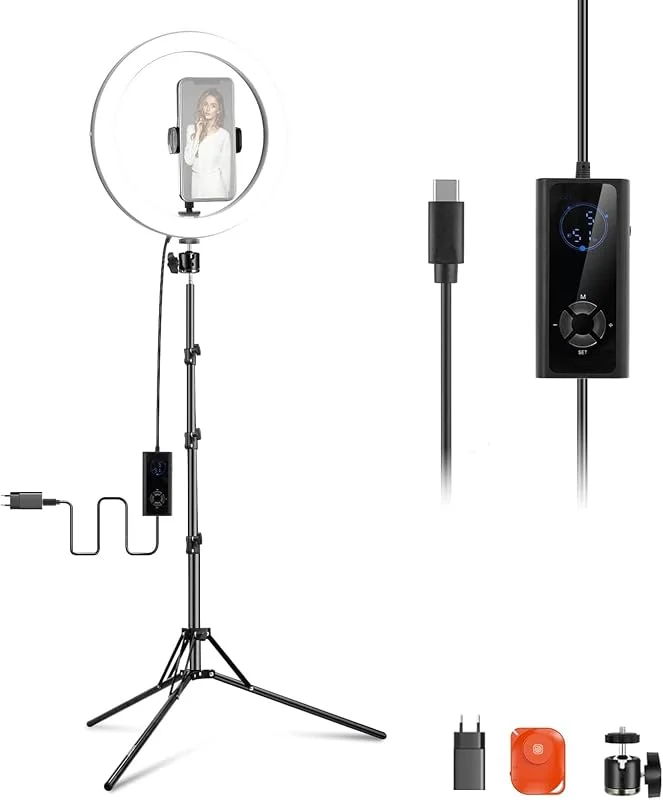 NEEWER 12 tum 24 W kraftfull LED-ljusring med stativstativ, bi-färg 2900-7000K, USB C PD-ingång, CRI97+ 1810lux, 0, 5m kompatibel med iPhone Studio Makeup Streaming Selfie-inspelning, RH12B K2 — Mobil och surfplatta