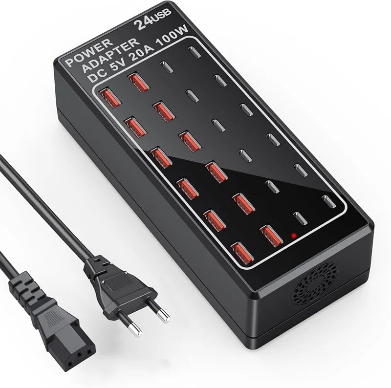 USB-laddare Flera, 24 portar 100W, 20A Desktop USB laddningsstation Flera enheter, USB C laddare hubb, USB C väggladdare, USB strömförsörjning Plug, kompatibel med iPhone, Samsung, Google, Xiaomi, Huawei. — Mobil och surfplatta