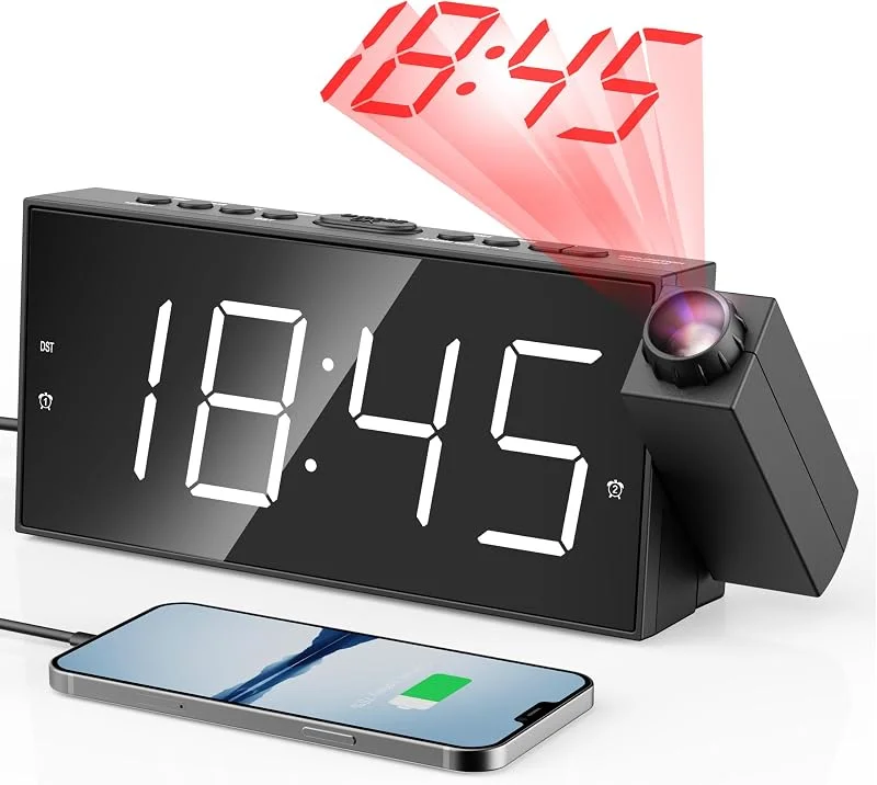 Projektionsugare för sovrum, digital väckarklocka med stor LED-display och dimmer, 180° projektor, USB-laddare, 12, 24 H, sommartid, lummer, skrivbord-takur för äldre barn — Portabel digital och ljud