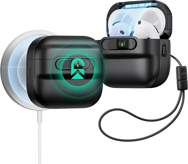 ESR för AirPods 4-fodral, kompatibelt med AirPods 4:e generationen fodral (2024) (USB-C), MagSafe-kompatibel, magnetiskt locklås, droppsäkert skyddskåpa med snodd, pulsserie, svart — Mobil och surfplatta