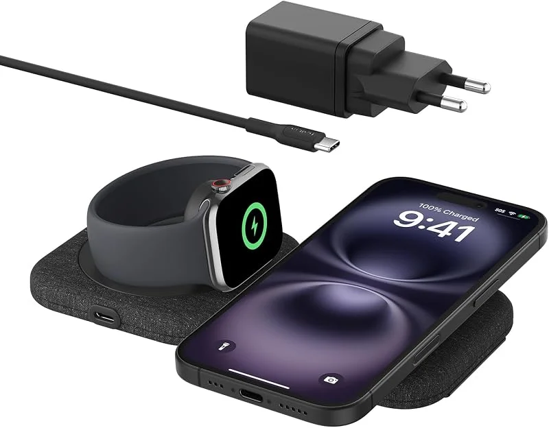 Belkin BoostCharge Pro 2-i-1 magnetisk Magsafe-kompatibel laddningsplatta för resan 15 W - Hopfällbar Qi2-certifierad trådlös laddare, MagSafe-laddare för iPhone 16, Apple Watch 10 och AirPods — Mobil och surfplatta