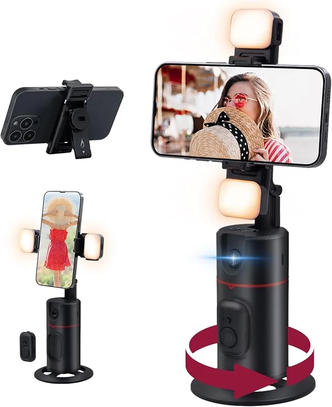 Mcbazel Automatisk Ansiktsspårningstelefonstativ med 2 Selfie-Ljus, Intelligent 360 Roterbart Selfiepinne-Stativ som Stödjer Fjärr-, Geststyrning för Mobiltelefon, Gimbalstabilisator - Svart — Mobil och surfplatta