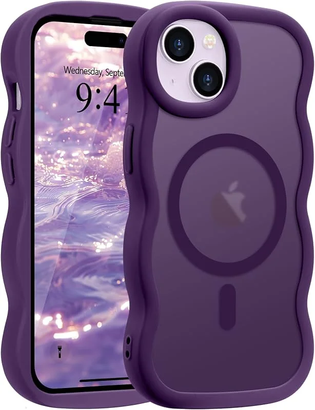 Pepmune för iPhone 15-fodral, lockig vågig ram hårt genomskinligt matt klart bakskydd för kvinnor män kompatibelt med Magsafe TPU stötfångare stötsäkert fallskydd telefonfodral för iPhone 15, lila — Mobil och surfplatta