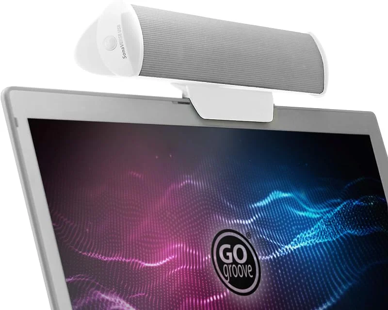 GOgroove SonaVERSE USB-högtalare för bärbar dator – USB-driven mini-soundbar med clip-on, bärbar extern högtalardesign för skärm, en kabel för digital ljudingång och ström (vit) — Hörlurar och ljud