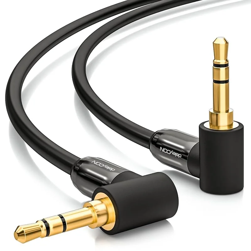 deleyCON 5m Jackkabel 3, 5mm AUX Kabel Stereo Ljudkabel Jackkontakt 90° Vinklad för PC Laptop Mobiltelefon Smartphone Sufrplatta Bil Hi-Fi-Mottagare Svart — Hörlurar och ljud