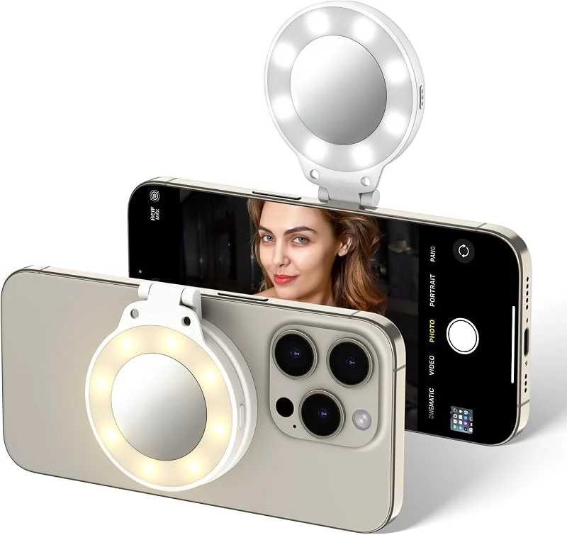 JJC Magnetisk LED selfie-ringlampa, selfie-spegel med 3 inställningar för ljusstyrka – fästs på telefon, flippbar design, typ-C laddbar för iPhone 17 16 15 14 13 — Mobil och surfplatta