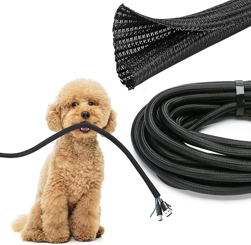 JOTO 8 m kabelslang självstängande kabelkanal kan skäras till, kabelskydd, vävd kabelkappa, kabelorganisatör, bitsäker för katt hund, kabelhantering för dator, TV, kontor, skrivbord – svart — Laddning och kablar