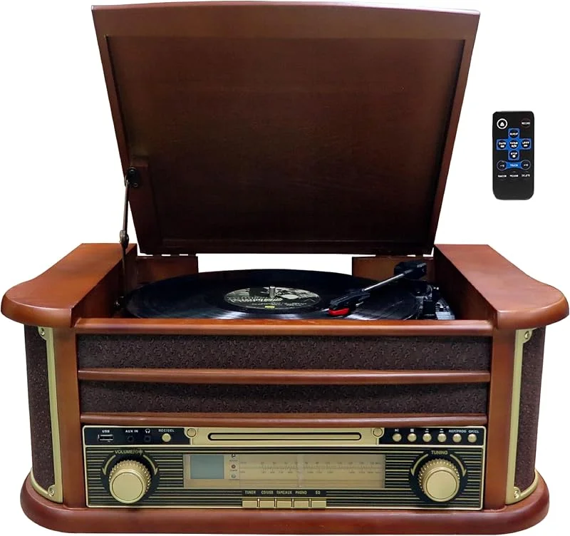 Nostalgie musiksystem i trä, kompakt system, retro stereosystem, skivspelare, radio, CD MP3 spelare USB, fjärrkontroll, MP3-kodning: Inspelningsfunktion AUX IN, högtalare, högkvalitativt trä — Portabel digital och ljud