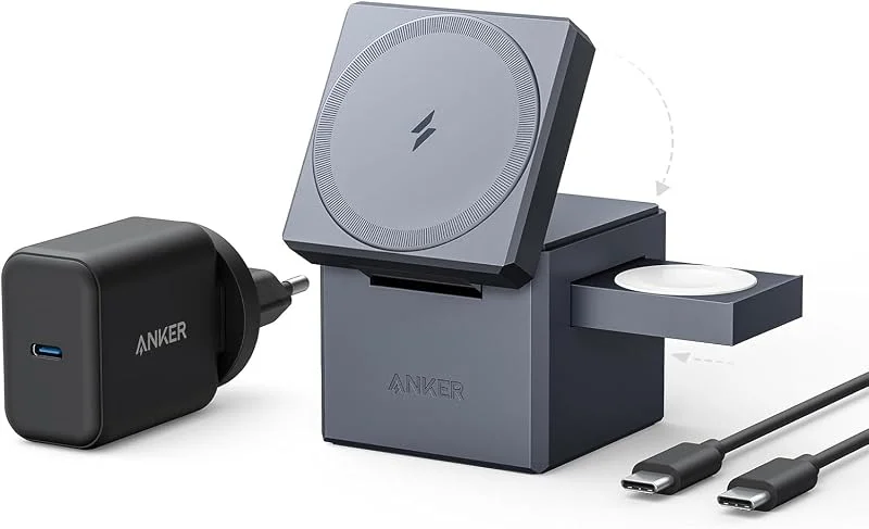 MagSafe-laddare, Anker 3-i-1 Cube med MagSafe, 15 W max. snabbladdning hopfällbar trådlös laddare, för iPhone 16, 15, 14-serien, Apple Watch-serien 1-8, Ultra, AirPods Pro, 3, 2 (30 W USB-C-laddare ingår) — Mobil och surfplatta