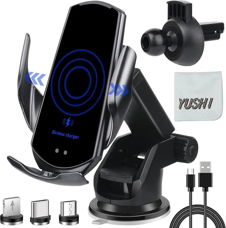 YUSHI trådlös billaddare, 15W snabb trådlös laddare Automatisk sensor Auto-klämma bilmonterad, inklusive en ventilationsfäste och en instrumentbräda, vindruta roterande fäste — Mobil och surfplatta