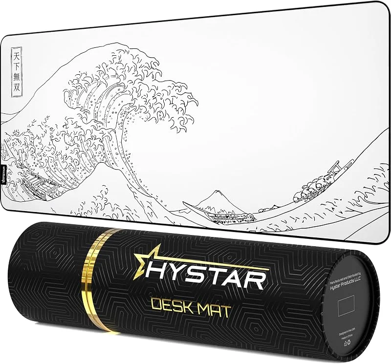 Hystar Gaming musmatta, mjuk texturerad tygyta, vattentåligt tyg, 5 mm tjock, bonus silikon dryckesunderlägg, hållbar låda för transport, den stora vågdesignen (vit) — Datortillbehör