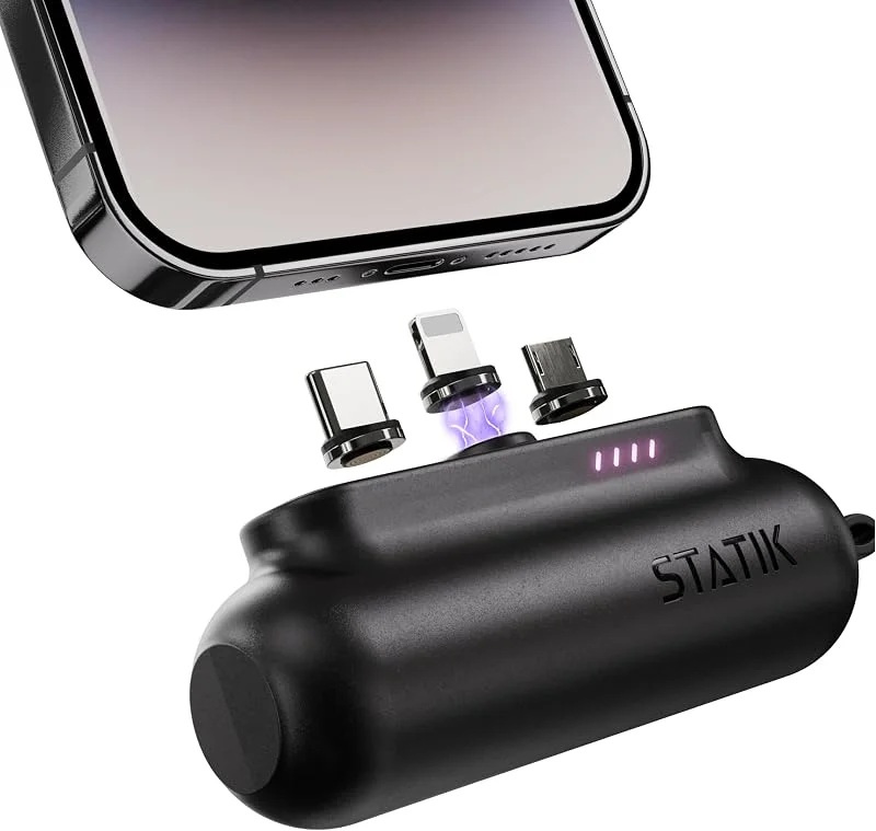 Statik Universal Portable Charger - Snap-N-Charge in stylish black design - Premium compact, fast charging external battery - for phone, smartphone, tablet, headphones and — Mobil och surfplatta