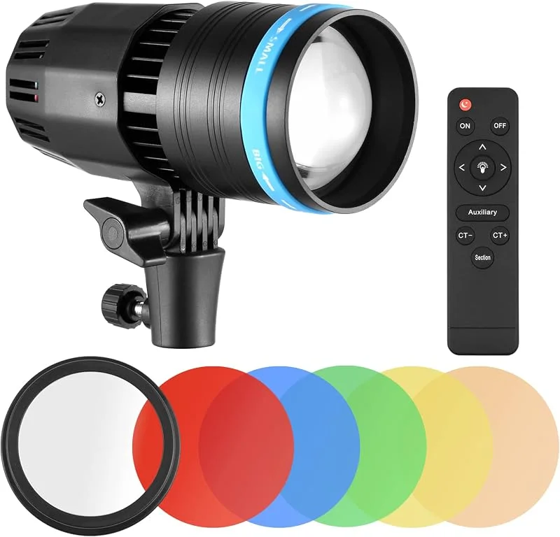Andoer 50 W LED-videolampa, COB fotografi kontinuerligt ljus 5 500 K dimbar CRI90+ Inbyggd förstoringsglas med fjärrkontroll 5 färgfilter för porträtt bröllop fotografering produkter av — Mobil och surfplatta