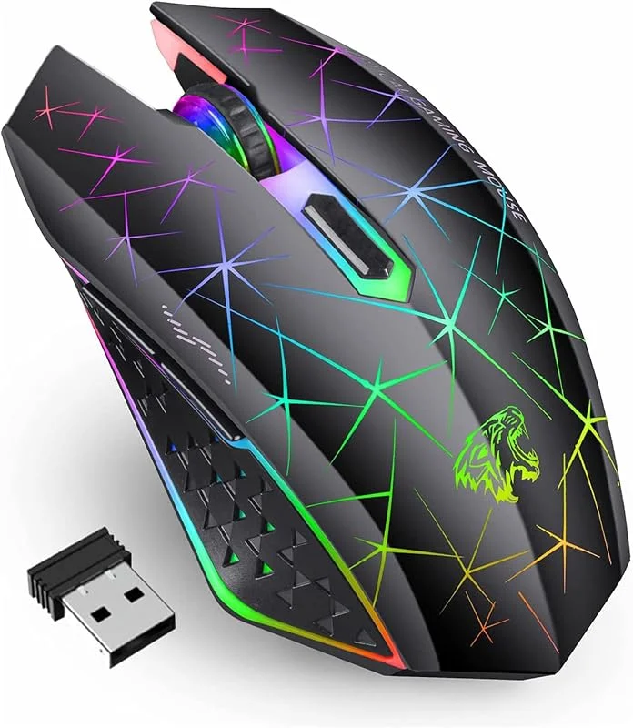 Uiosmuph V7 Trådlös mus, 2.4G uppladdningsbar mus Uppladdningsbar tyst ergonomisk 2400DPI spelmus med mottagare, 6 knappar för bärbar dator, PC, dator, Chromebook, Notebook - Svart — Datortillbehör