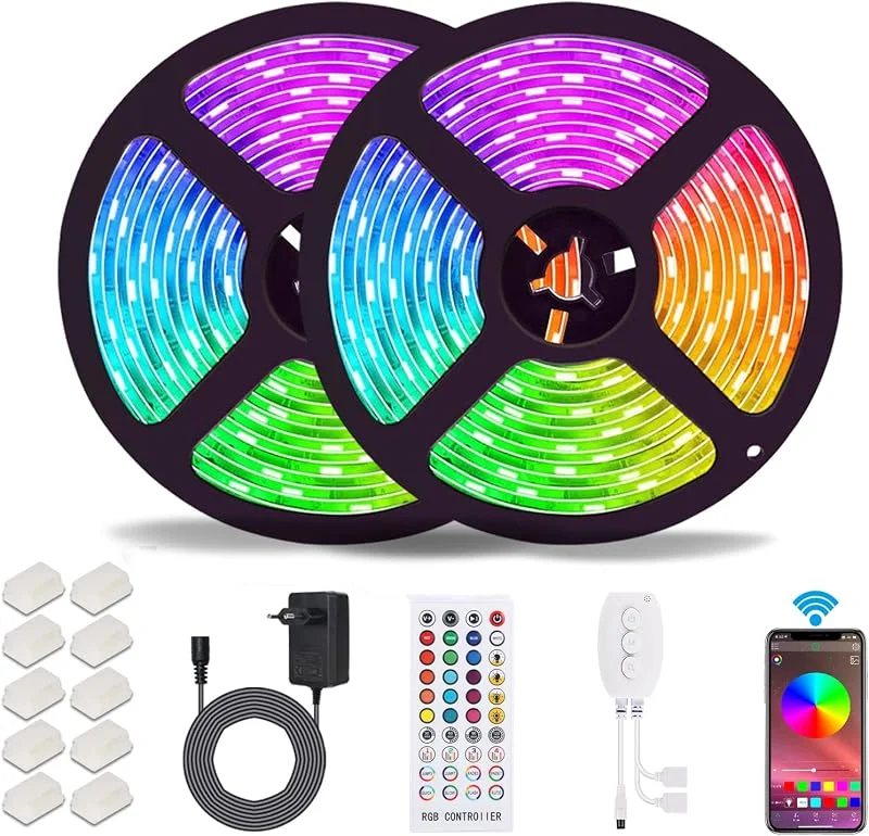 Bluetooth LED-remsor, ALED LIGHT 10 m (2 x 5 m) 32, 8 fot vattentät IP65 RGB 5050 300 (2 x 150) LED ränder med smart Bluetooth-kontroller+24knappar fjärrkontroll + 12 V nätdel för hus, trädgård, dekoration [Energiklass A+] — Smart belysning