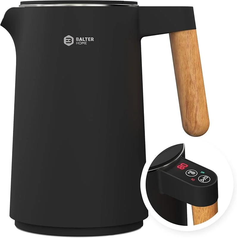 BALTER Vattenkokare i rostfritt stål med temperaturinställning, 45 °C-100 °C, dubbelvägg, BPA-fri, tyst och trådlös, varmhållningsfunktion, tekokare med temperaturdisplay, 1, 5 l, 2200 W, svart — Kök & Hushåll