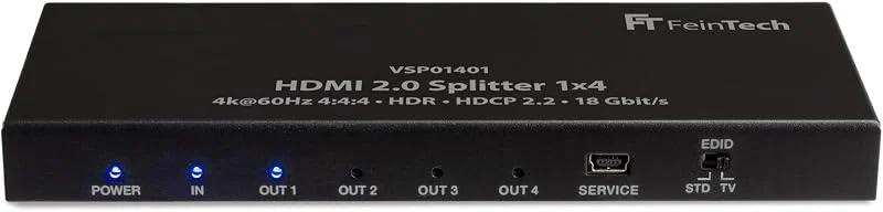 FeinTech VSP01401 HDMI 2.0 splitter 1 till 4 distributörer Ultra-HD 4K@60Hz YUV 4:4 HDR HDCP 2.2 EDID 18 Gbps — TV och streaming