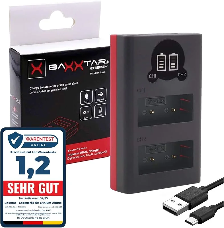 Baxxtar Dual LCD Batteriladdare USB-C, Micro-USB för Fujifilm NP-W126s W126 — Laddning och kablar