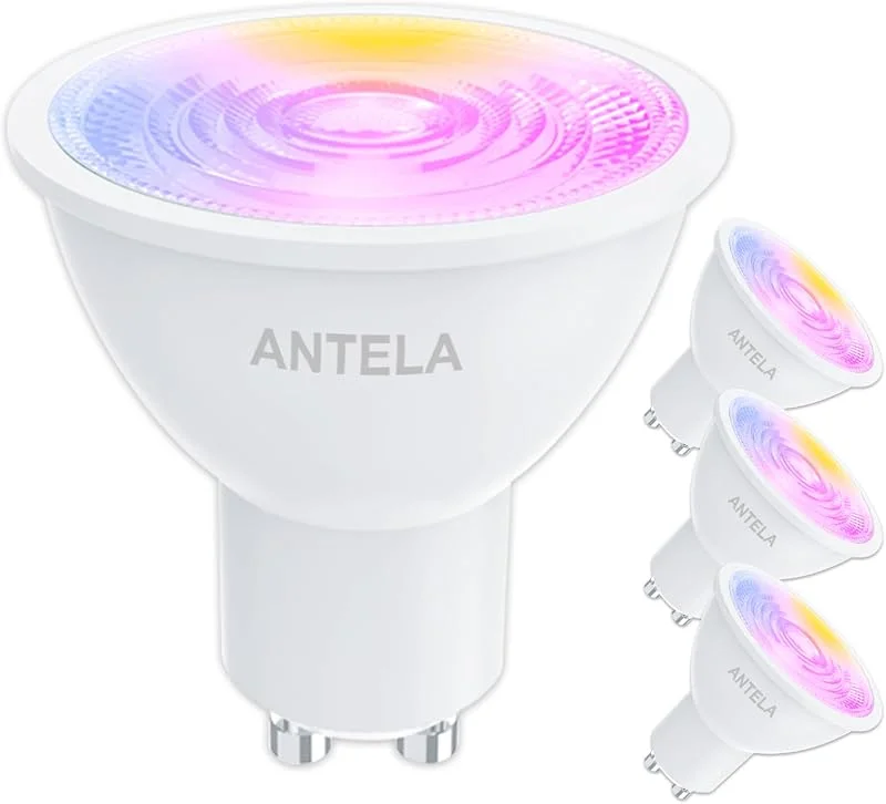 ANTELA Smarta LED-lamporna GU10, 4.5W, 326LM, 16 Miljoner Olika Färger, Färgtemperatur 2700-6500K, Kompatibel med Google Home och Alexa, 15 000 Timmar, 2.4G WIFI, Kräver inte någon hub — Smart belysning