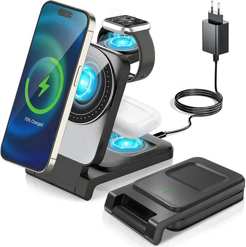 3 i 1 Trådlös Laddare, Induktiv Laddstation, Vikbar Snabbladdningsställ, Wireless Charger för äpple 17 Air 16e 16 15 14 13 12 11 X Pro Max & Apple Watch 11-2 & AirPods 4 3 2 Pro — Mobil och surfplatta