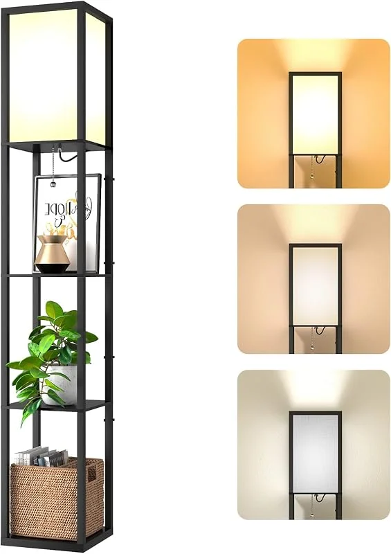 Modern svart golvlampa med 3 trähyllor, E27-glödlampa 3 färgtemperatur, 1, 62 m lång, ideal för duschrum, sovrum och kontor — Smart belysning