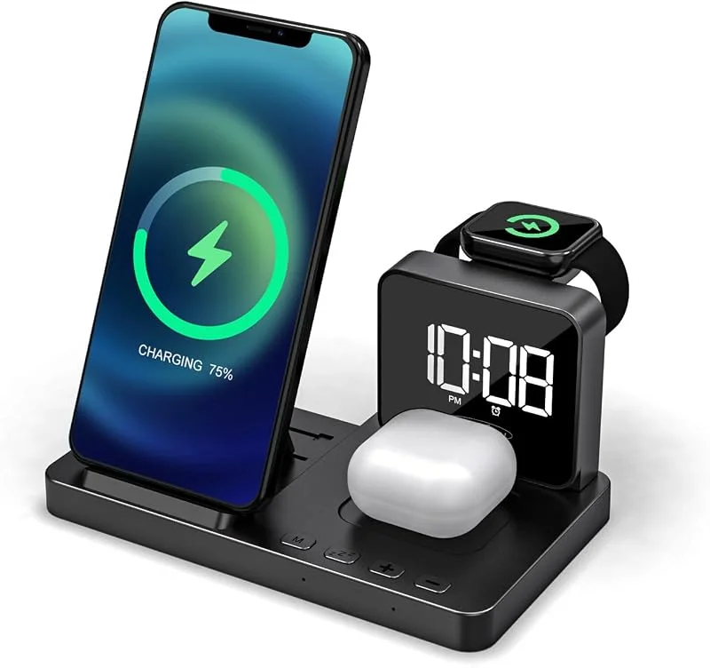 Reflexion 4-i-1 trådlös laddare med klocka och väckarklocka, Trådlös laddningsstation för smartphone, Apple Watch & hörlurar, 15 W snabbladdning, dubbel larmfunktion, USB-C-anslutning, kompakt — Mobil och surfplatta