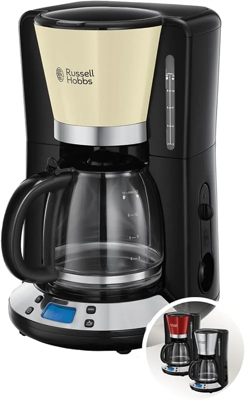 Russell Hobbs kaffebryggare, programmerbar timer, 1.25l glaskanna, 10 koppar, varmhållningsfunktion, automatisk avstängning, filterkaffe, 1100W, cremevit, Colors Plus 24033-56 — Kök & Hushåll