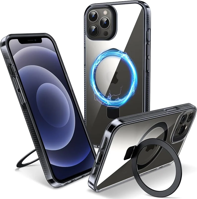 Magnetiskt skal för iPhone 12 Pro Max – inbyggt osynligt stativ, kompatibelt med MagSafe, militärklassat stötskydd, hård baksida med silikonkanter, gulnar inte, 6, 7 tum, genomskinlig svart — Mobil och surfplatta