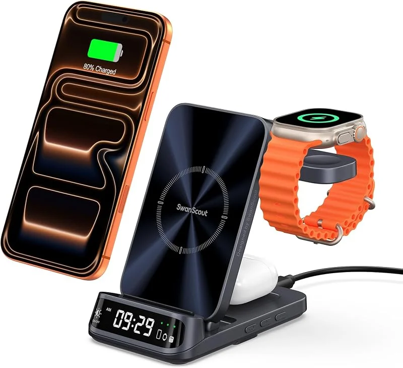 3 i 1 Trådlös Laddare för iPhone 18 Pro Max, 18 Pro, för iWatch 12, Ultra 4 — Mobil och surfplatta
