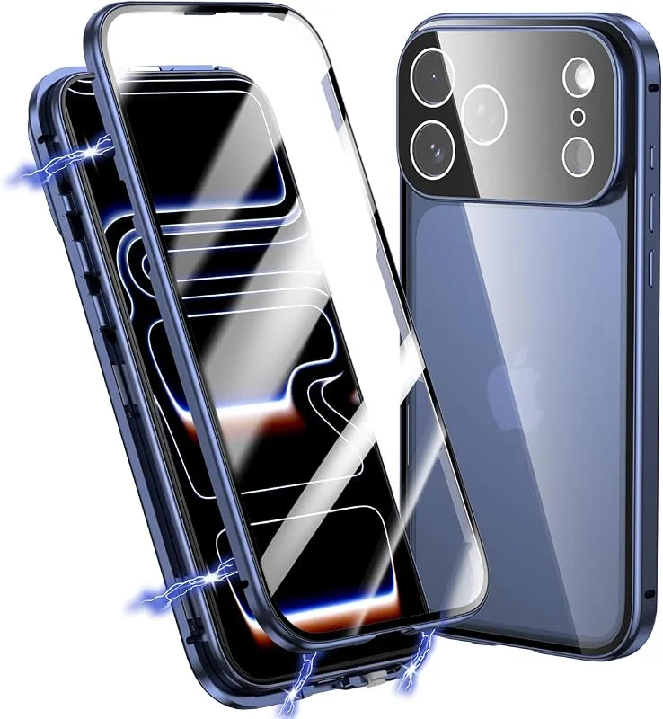Fodral för iPhone 17 Pro-fodral, magnetisk adsorption metallram 360 grader full kropp mobiltelefonfodral fram bak härdat glas skyddsfodral i ett stycke tunt transparent skydd, djupblå — Mobil och surfplatta