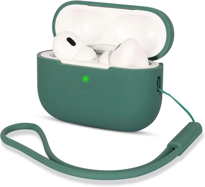 Kompatibel med AirPods Pro 2 fodral, silikon, stötsäkert skyddsfodral för AirPods Pro 2. Generation 2022 fodralskydd med silikonsnodd, främre LED synlig, tallgrön — Mobil och surfplatta