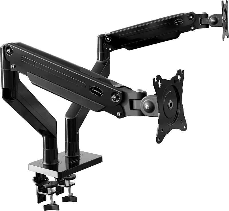 Invision Dubbelt armfäste för monitor, PC, ergonomisk höjdjusterbar (gasassisterad) lång arm, skrivbordsklämma, för 22–32 tumsskärmar, lutning och vridbar, VESA 75 mm, 100 mm, vikt 3–12 kg (MX900) — Datortillbehör