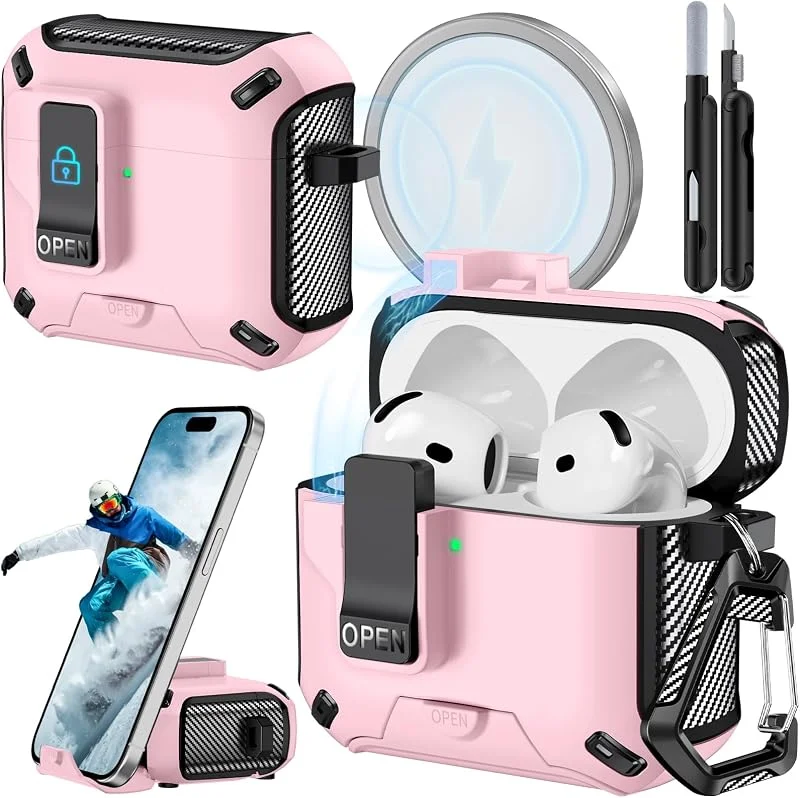 Magnetiskt Fodral med Telefonstativ (för AirPods 5, 4-Rosa) — Mobil och surfplatta