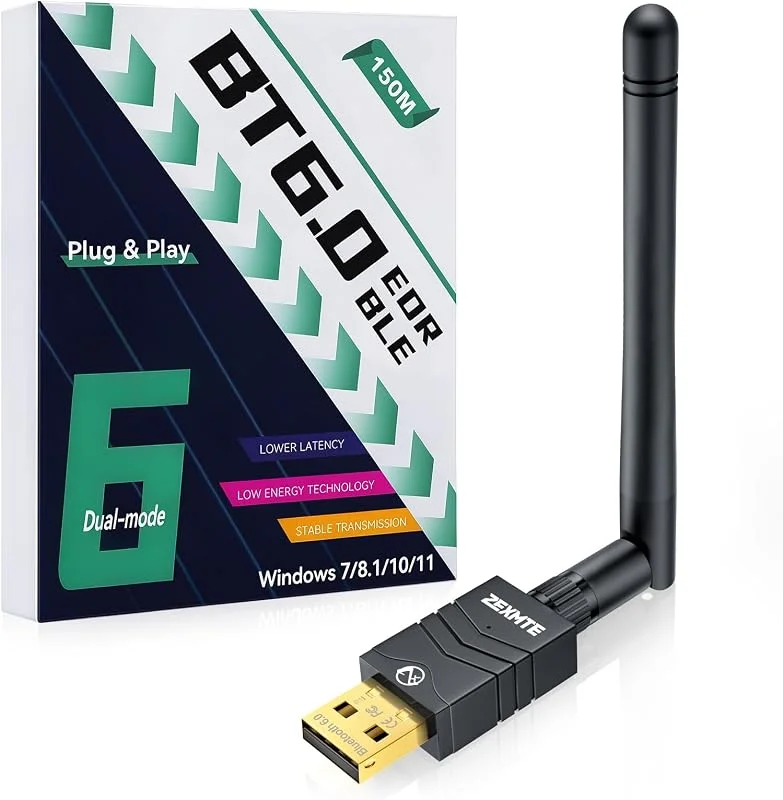 ZEXMTE 5, 4 USB Bluetooth-adapter för PC, Long Range USB Bluetooth-dongel med hög effektantenn, trådlös Bluetooth-mottagare 492FT, 150 m, Plug & Play Bluetooth-adapter för PC Windows 11, 10, 8.1, 7 — Portabel digital och ljud