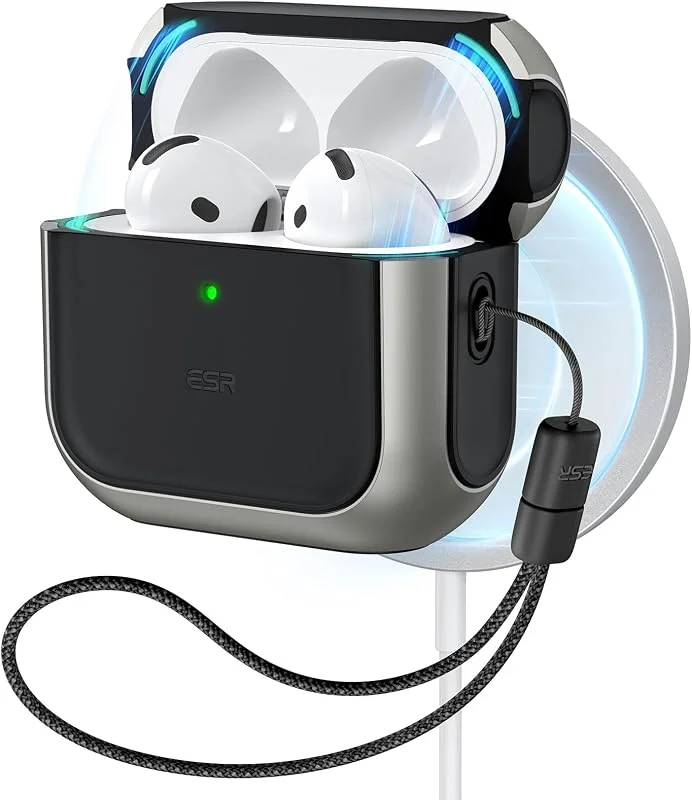 ESR fodral för Airpods 4 (2024), kompatibelt med 4:e gen Airpods (USB-C), kompatibelt med MagSafe, fallskydd med snöre, magnetiskt hölje, Orbit-serien, titan — Mobil och surfplatta