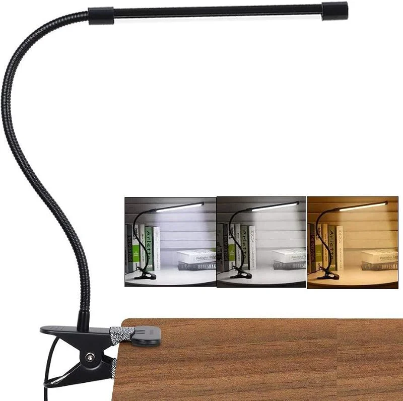 LED-klämlampa, dimbar läslampa med klämma, ögonskydd, sänglampa med 3 ljuslägen och 10 ljusstyrkenivåer, USB-driven bärbar flexibel svanhals-läslampa för sovrum, kontor, 7 w (svart) — Hushållselektronik