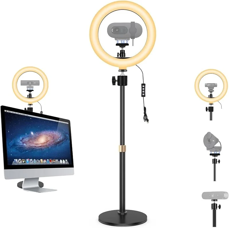 Magnetisk webbkamera selfie-ljusstativ, 26 cm ringlampa med skrivbordshållare kompatibel med Logitech Brio 500, Brio 300, Brio 100, Brio 4K, C270 C270i C300 webbkameror — Mobil och surfplatta
