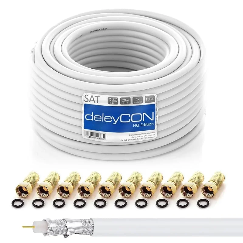 deleyCON HQ 20m SAT Koaxialkabel 130dB - 4-Faldigt Skärmad DVB-S - S2 DVB-T och DVB-C - Inre Stål-, Kopparledarkabel - 4K 1080p Full HD HDTV - Inkl. 10x Förgyllda F-Kontakter — TV och streaming