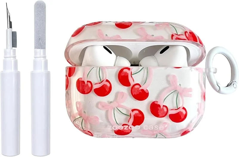 Reownest för AirPods Pro 3:e generationen med rengöringssats, söt körsbärsslöjjäkt mönster estetisk design stötsäker nyckelringfodral mjukt hörlursfodral för AirPods Pro 3 - Röd — Mobil och surfplatta