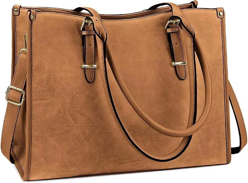 NUBILY Laptopväska för kvinnor, 15, 6 tum, handväska, designerväska i tyg för laptop, stor axelväska i läder för kvinnor, för arbete, skola, shopping och affärer (brun) — Datortillbehör