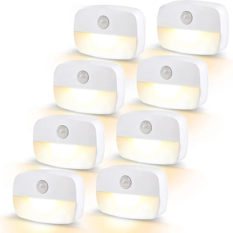 LED-nattlampa med rörelsedetektor, 8 stycken små nattlampor för barn, trappbelysning med rörelsedetektor, för användning inomhus, batteridrivna, automatisk på, av, sensorljus för hall, badrum, sovrum, toalettljus — Smart belysning