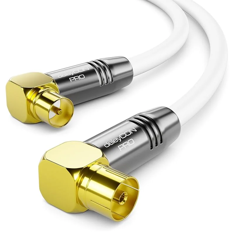 deleyCON 2m 4K TV Antennkabel - 4K Ultra HD Full HD HDTV - 2x Vinklad - Koaxialkabel - IEC-Kontakt (90°) till IEC-Hona (90°) - Metallkontakter - Vit — TV och streaming