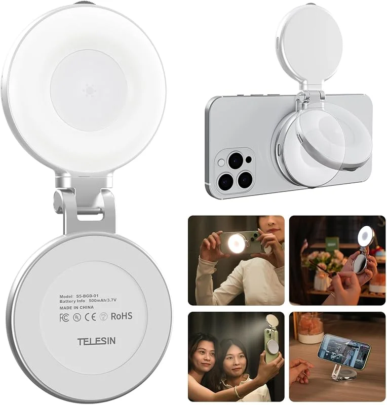 TELESIN C03 Magnetiskt Selfie-ljus, Selfie-ljus för Telefon Kompatibel med iPhone, Magsafe, Android, CRI97 360° Ljus för Video Foto med Spegel för Foto, TikTok, Zoom, Videosamtal — Mobil och surfplatta