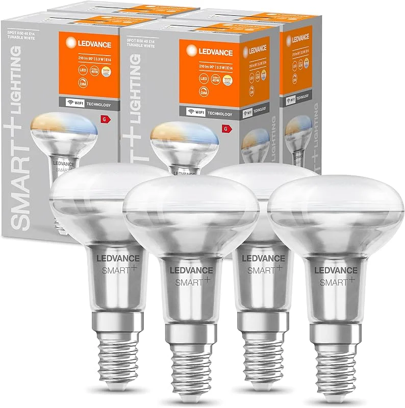 LEDVANCE Smart LED R50 spot bulb med Wifi teknologi, E14 sockel, ljusfärg som kan ändras (2700-6500K), ersättning för konventionella 40W reflektorlampor, kontrollerbar med Alexa, Google & App, 4-pack — Smarta hem