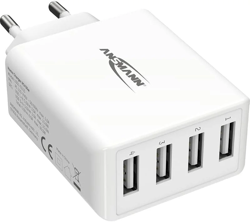 Ansmann USB-laddare med 4 portar 30 W – USB-laddare med intelligent laddningskontroll för smartphone, surfplatta, GoPro, e-bokläsare, etc., laddningskontakt för att ladda dina enheter med 4 portar — Laddning och kablar